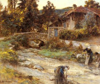 萊昂 奧古斯汀 萊爾米特 Washerwomen at a Stream with Buildings beyond